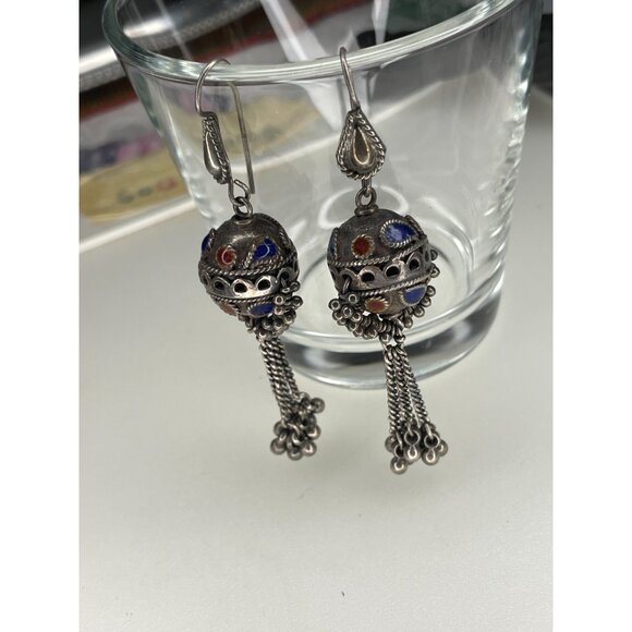Fabulous Older Vintage Silver & Enamel Morrocan Berber Earrings - Picture 3 of 12